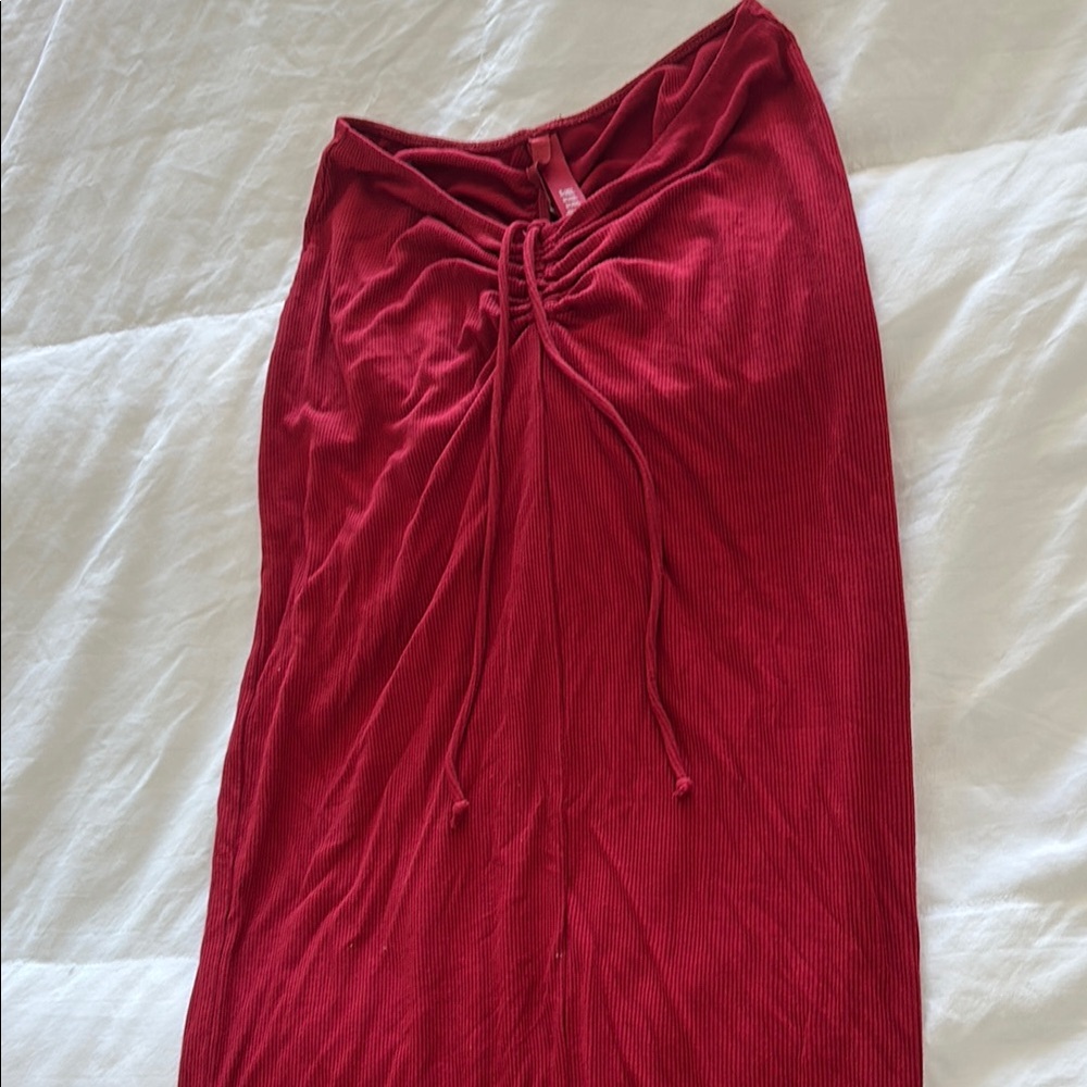 SKIMS Red Ruched Pencil Midi Skirt